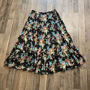 Linea by Louis Dell'Olia Crinkle Tiered Black Floral Midi Skirt Size Medium